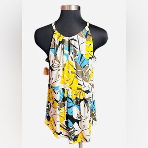 Jules Leopold Floral Halter Top - Yellow, Blue, Brown Size L NWT